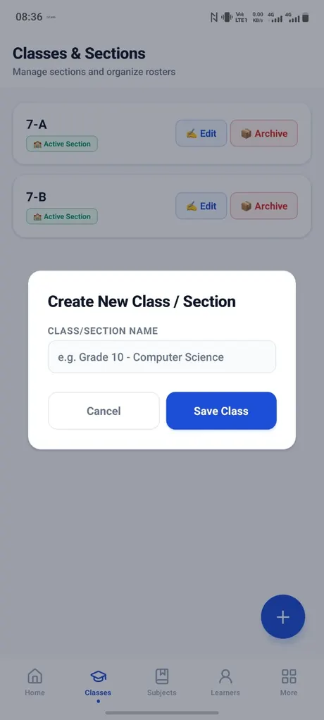 ClassTala demo classes and sections screen