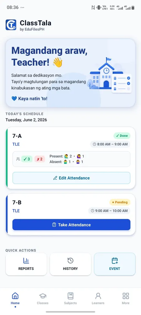 ClassTala demo home dashboard with teaching schedule cards
