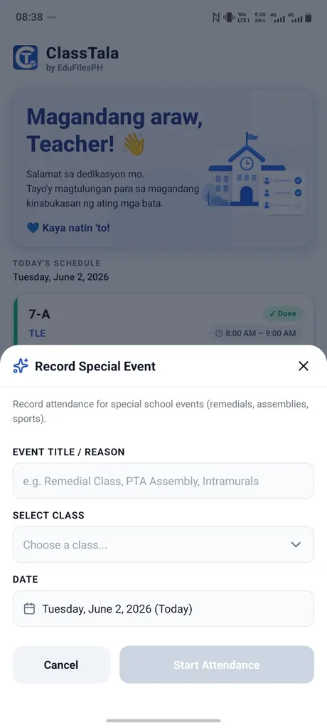 ClassTala demo special event attendance screen