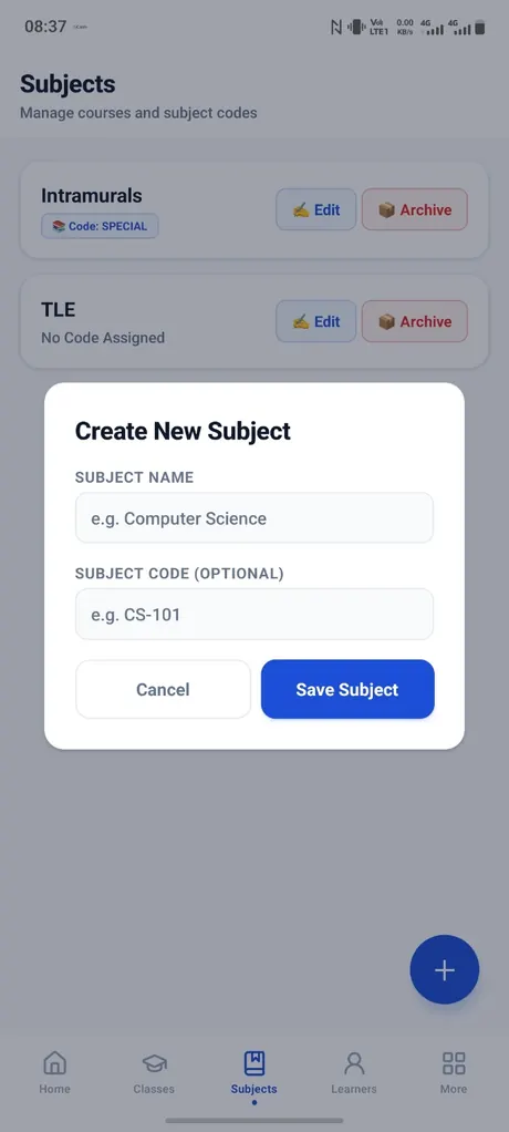 ClassTala demo subject setup screen